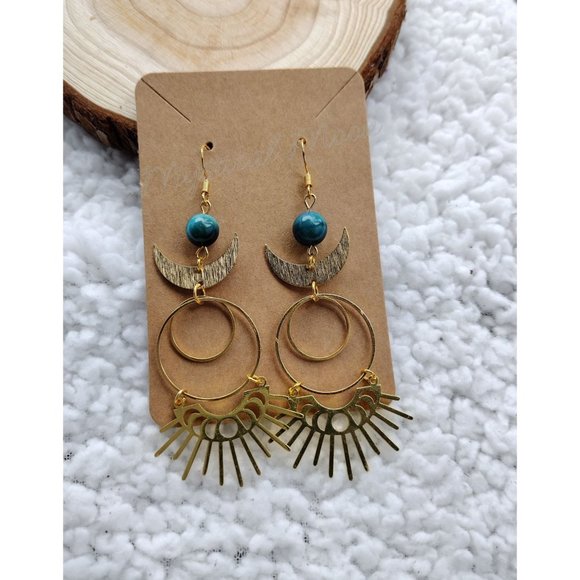 Moon Phases Sunshine Dangle Earrings with Blue Tigers Eye Boho Celestial - Picture 2 of 7